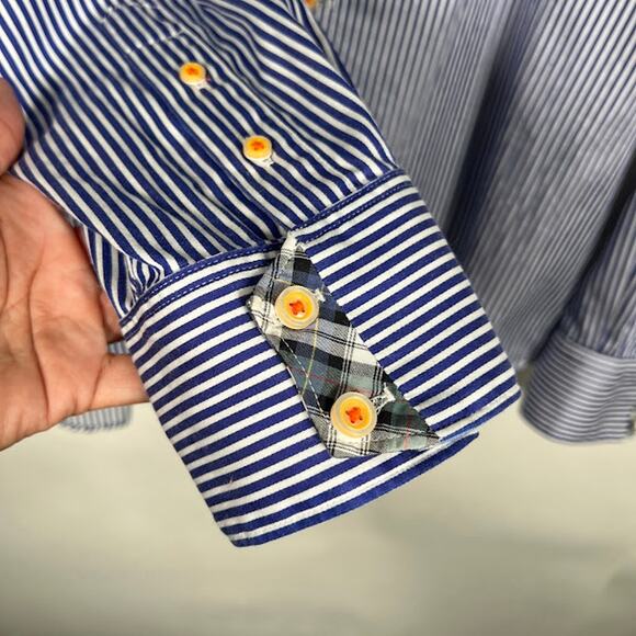 Robert Graham X Men's Button Up Shirt 2XL White Blue Stripe Flip Cuff Tartan - Picture 7 of 10